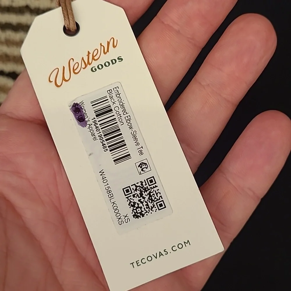 TECOVAS Black Cotton Embroidered Recent Womens‎ XS Elbow Sleeve T Shirt Top NEW - Picture 6 of 10